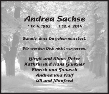 Traueranzeige von Andrea Sachse von HNA