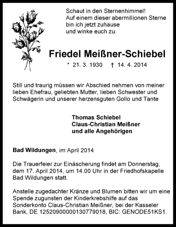 Traueranzeige von Friedel Meißner-Schiebel von HNA