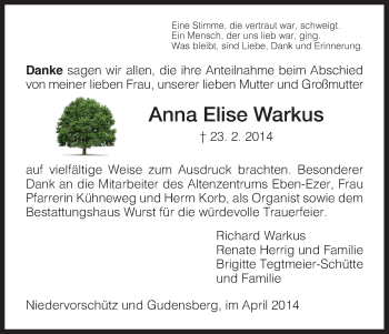 Traueranzeige von Anna Elise Warkus von HNA