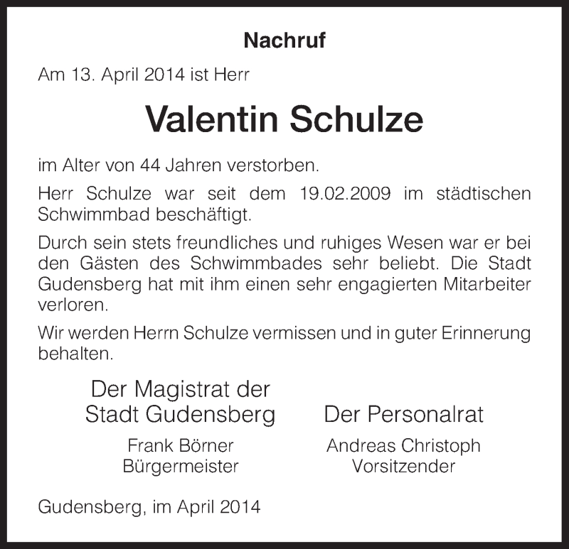  Traueranzeige für Valentin Schulze vom 19.04.2014 aus HNA