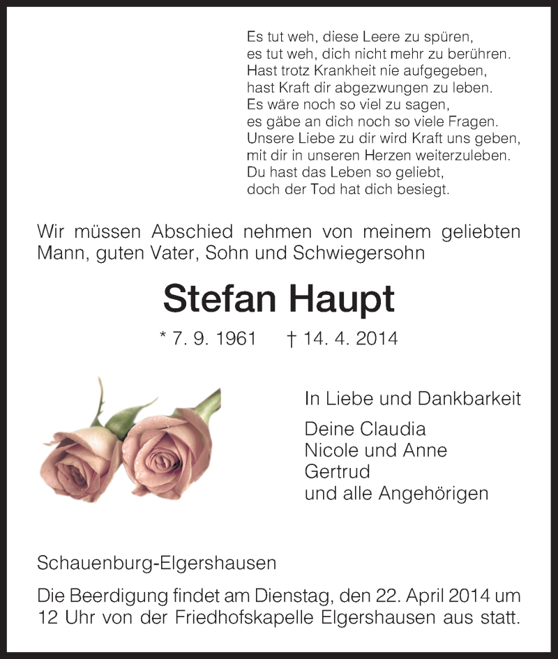  Traueranzeige für Stefan Haupt vom 17.04.2014 aus HNA