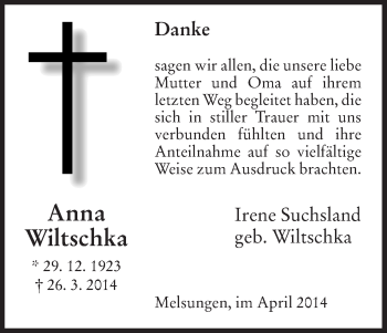 Traueranzeige von Anna Wiltschka von HNA