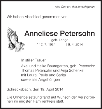 Traueranzeige von Anneliese Petersohn von HNA