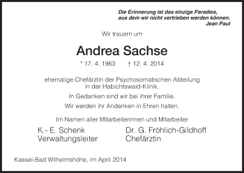 Traueranzeige von Andrea Sachse von HNA