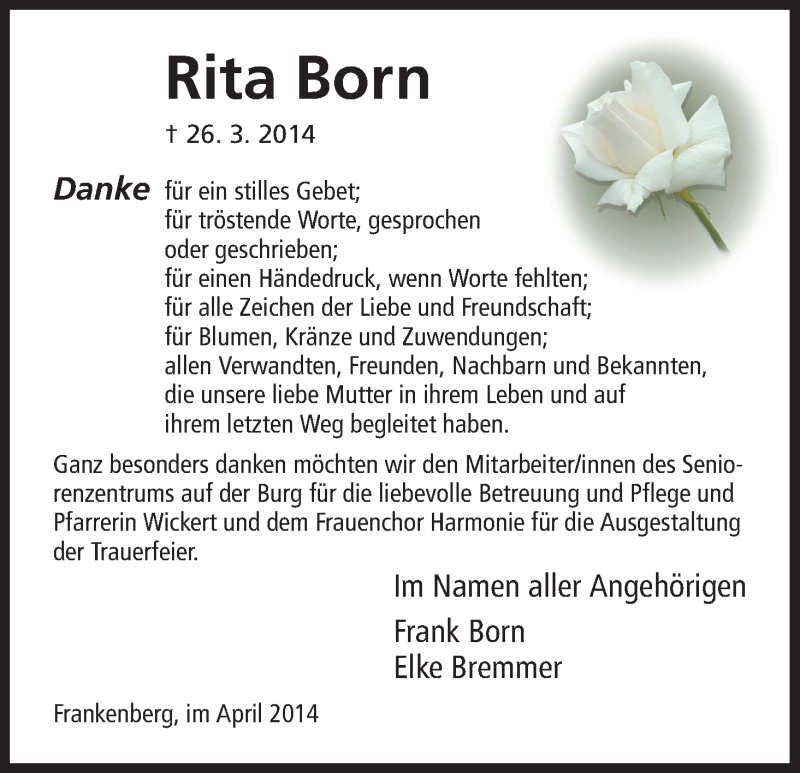  Traueranzeige für Rita Born vom 19.04.2014 aus HNA