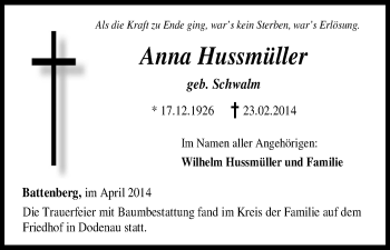 Traueranzeige von Anna Hussmüller von HNA
