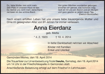 Traueranzeige von Anna Eierdanz von HNA