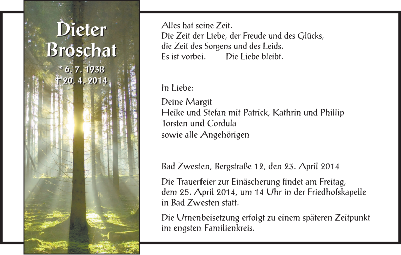  Traueranzeige für Dieter Broschat vom 23.04.2014 aus HNA
