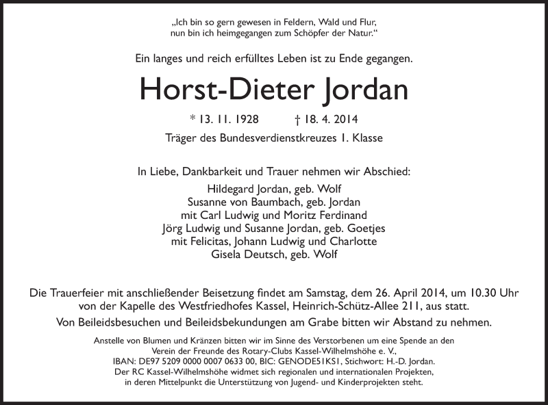  Traueranzeige für Horst-Dieter Jordan vom 23.04.2014 aus HNA