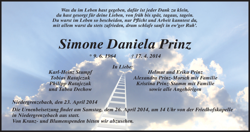  Traueranzeige für Simone Daniela Prinz vom 23.04.2014 aus HNA