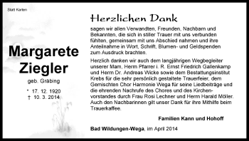 Traueranzeige von Margarete Ziegler von HNA