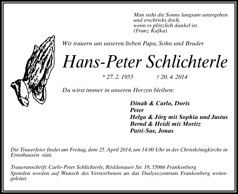  Traueranzeige für Hans-Peter Schlichterle vom 23.04.2014 aus HNA