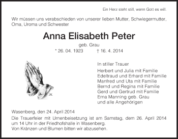 Traueranzeige von Anna Elisabeth Peter von HNA