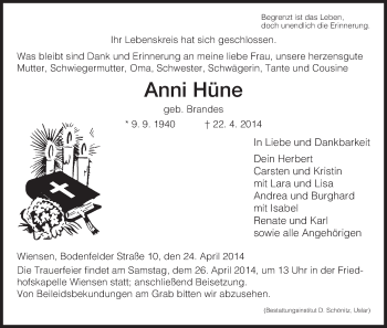 Traueranzeige von Anni Hüne von HNA