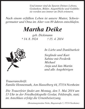 Traueranzeige von Martha Deike von HNA