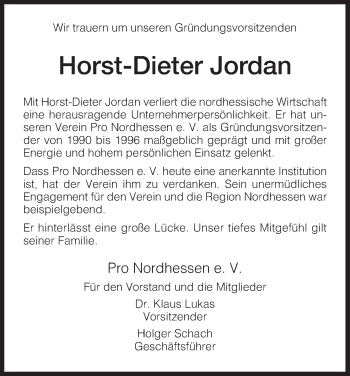 Traueranzeige von Horst-Dieter Jordan von HNA
