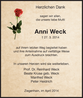 Traueranzeige von Anni Weck von HNA
