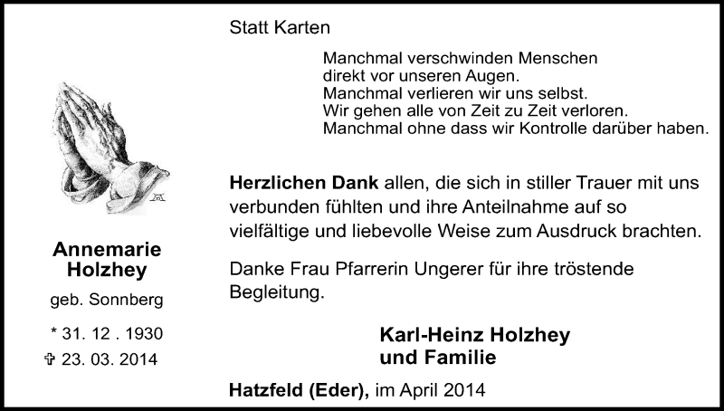  Traueranzeige für Annemarie Holzhey vom 26.04.2014 aus HNA
