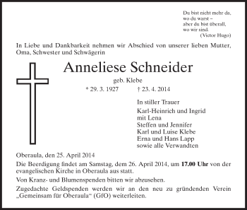 Traueranzeige von Anneliese Schneider von HNA