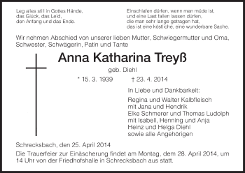 Traueranzeige von Anna Katharina Treyß von HNA