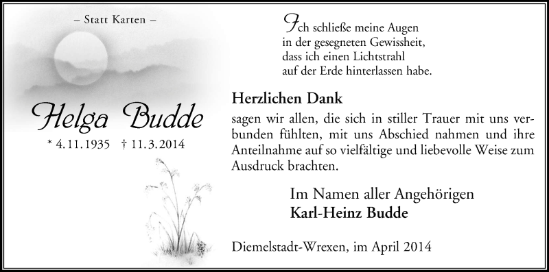  Traueranzeige für Helga Budde vom 26.04.2014 aus HNA