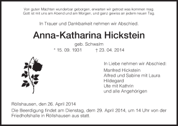 Traueranzeige von Anna-Katharina Hickstein von HNA