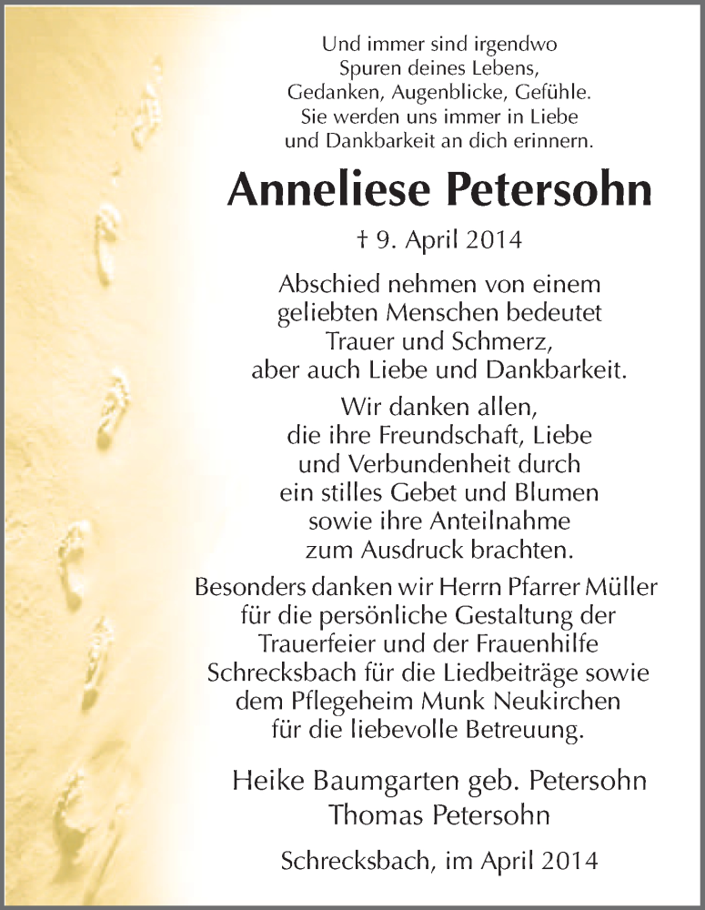  Traueranzeige für Anneleise Petersohn vom 30.04.2014 aus HNA