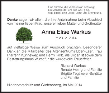 Traueranzeige von Anna Elise Warkus von HNA