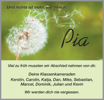 Traueranzeige von Pia  von HNA