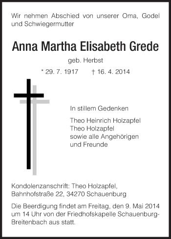 Traueranzeige von Anna Martha Elisabeth Grede von HNA