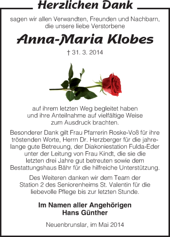 Traueranzeige von Anna-Maria Klobes von HNA