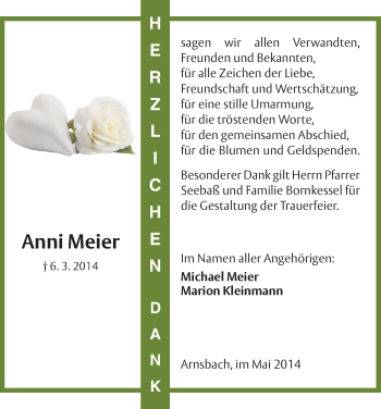 Traueranzeige von Anni Meier von HNA