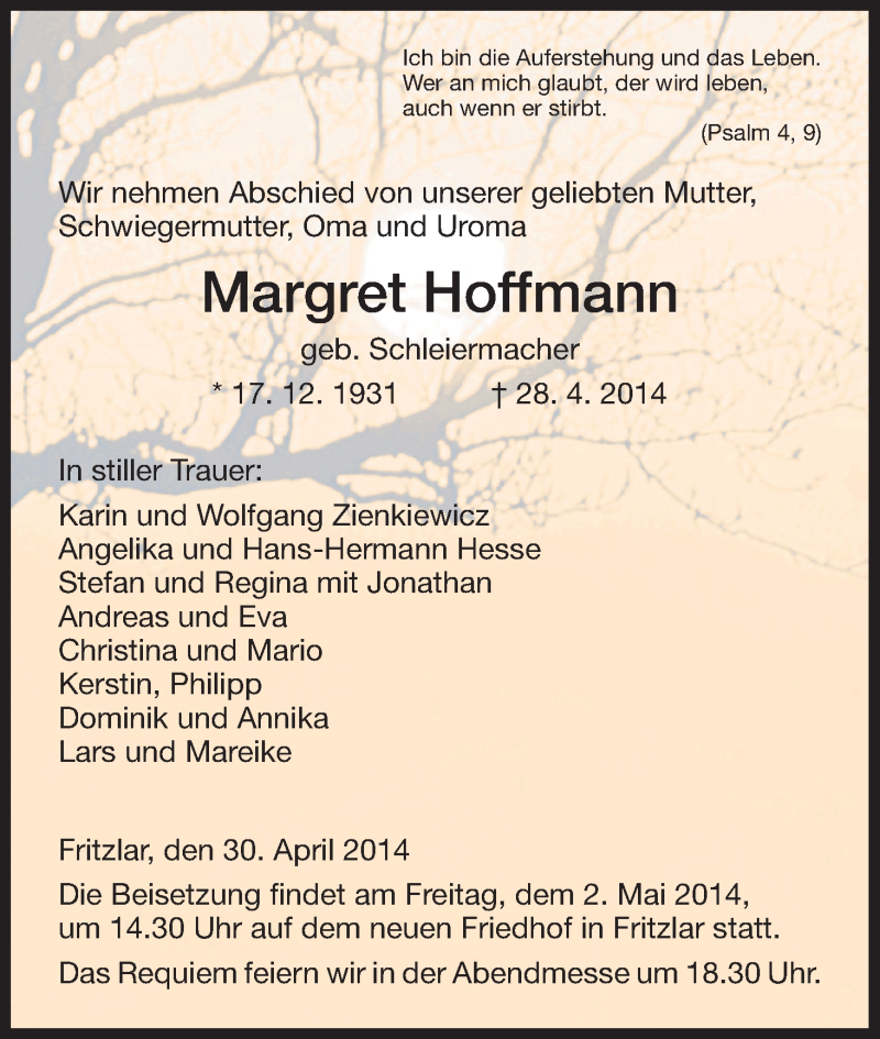  Traueranzeige für Margret Hoffmann vom 30.04.2014 aus HNA