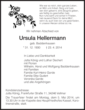 Traueranzeige von Ursula Hellermann von HNA