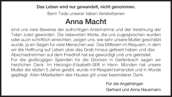Traueranzeige von Anna Macht von HNA