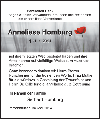 Traueranzeige von Anneliese Homburg von HNA