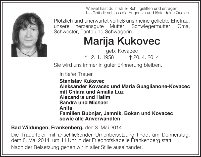  Traueranzeige für Marija Kukovec vom 03.05.2014 aus HNA