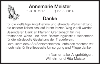 Traueranzeige von Annemarie Meister von HNA