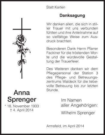 Traueranzeige von Anna Sprenger von HNA