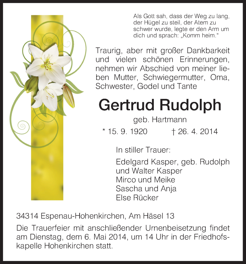  Traueranzeige für Gertrud Rudolph vom 03.05.2014 aus HNA