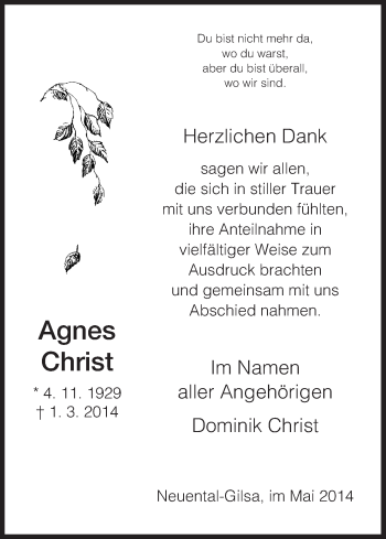 Traueranzeige von Agnes Christ von HNA