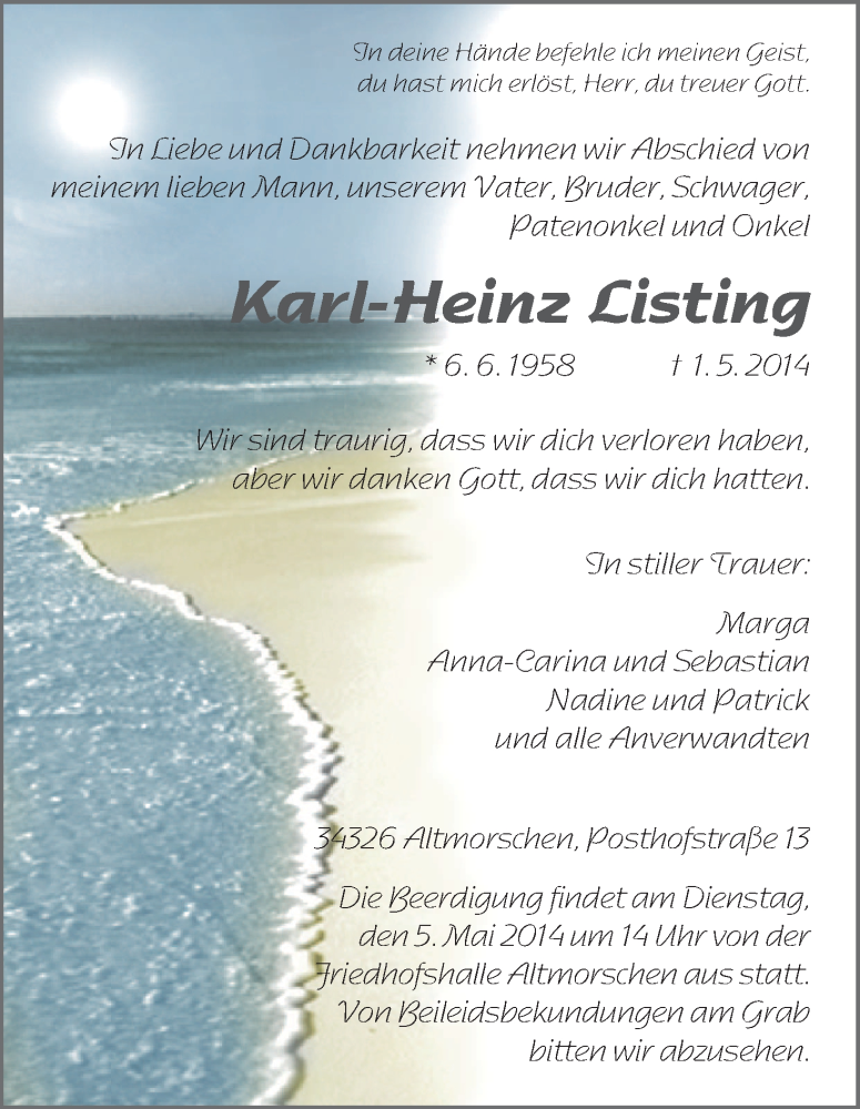  Traueranzeige für Karl-Heinz Listing vom 03.05.2014 aus HNA