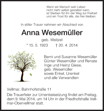 Traueranzeige von Anna Wesemüller von HNA