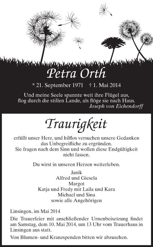  Traueranzeige für Petra Orth vom 07.05.2014 aus HNA