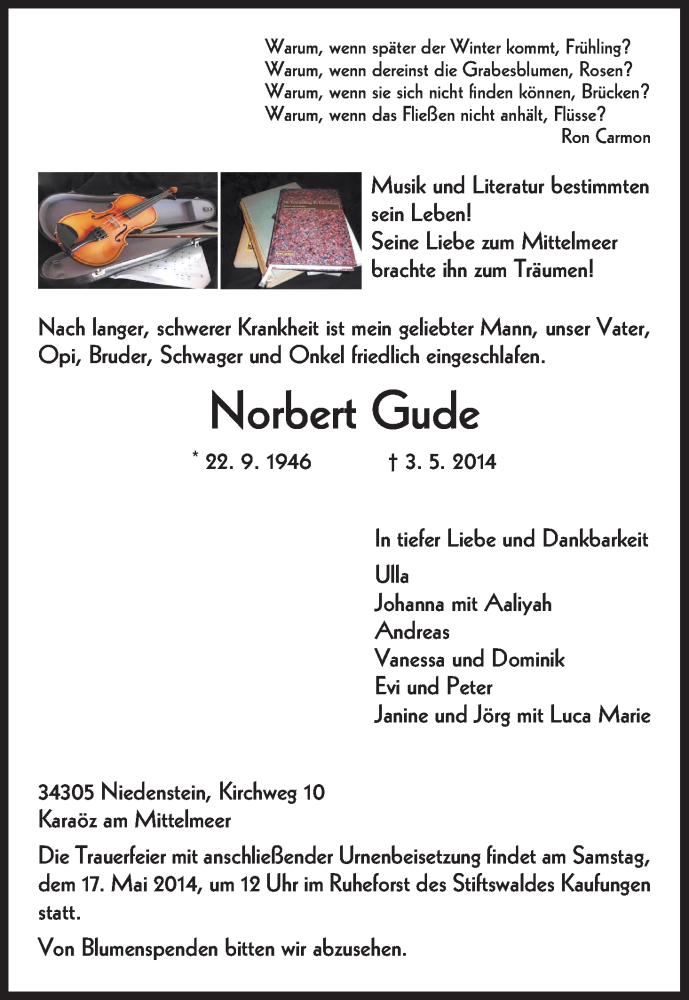  Traueranzeige für Norbert Gude vom 10.05.2014 aus HNA