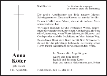 Traueranzeige von Anna Köter von HNA