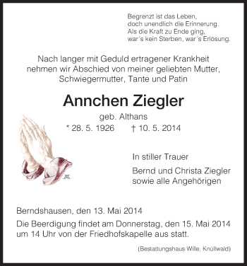 Traueranzeige von Annchen Ziegler von HNA