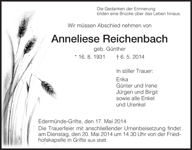  Traueranzeige für Anneliese Reichenbach vom 17.05.2014 aus HNA