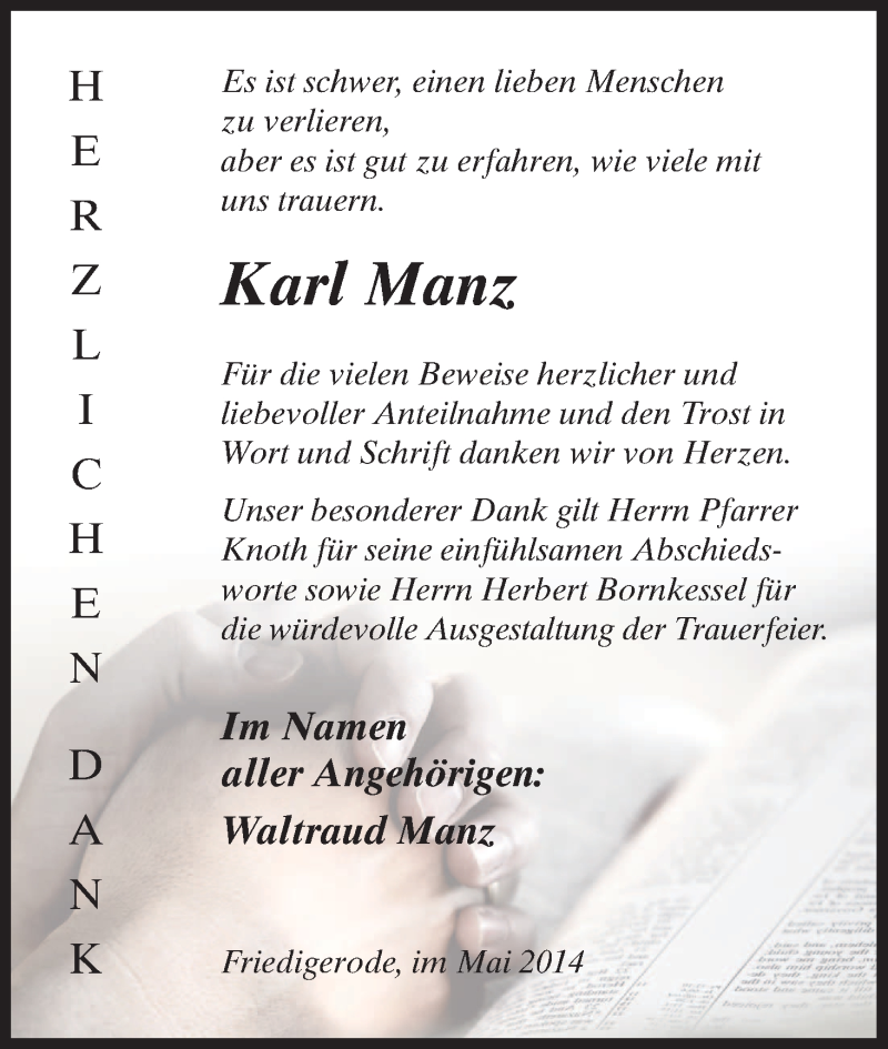  Traueranzeige für Karl Manz vom 17.05.2014 aus HNA