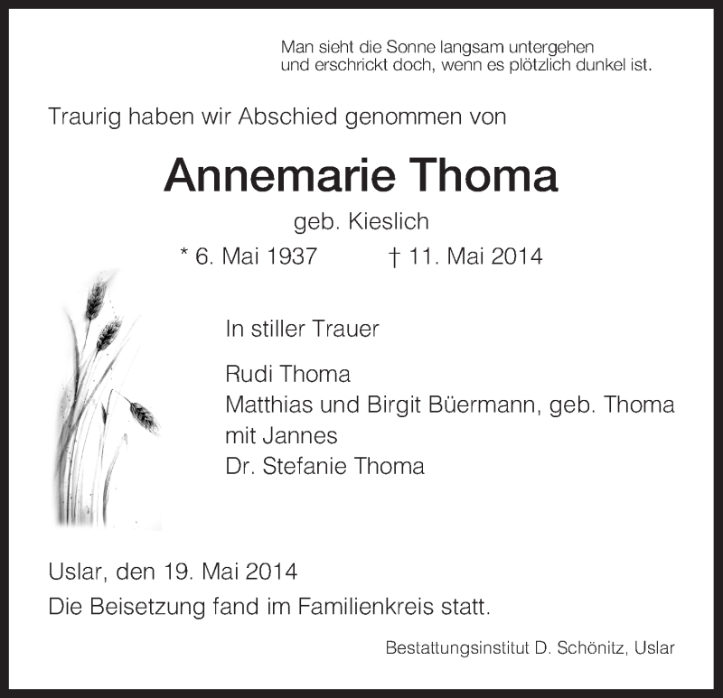  Traueranzeige für Annemarie Thoma vom 19.05.2014 aus HNA
